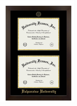Valparaiso University Double Degree (Stacked) Frame in Manhattan Espresso with Black & Gold Mats for document: 8 1/2"h x 11"w  , document: 8 1/2"h x 11"w  