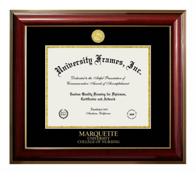 Marquette University College of Nursing Diploma Frame in Classic Mahogany with Gold Trim with Black & Gold Mats for DOCUMENT: 8 1/2"H X 11"W  