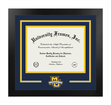 Marquette University College of Nursing Logo Mat Frame in Manhattan Black with Navy Blue & Amber Mats for document: 8 1/2"h x 11"w  
