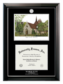 Marquette University College of Nursing Double Opening with Campus Image (Stacked) Frame in Classic Ebony with Silver Trim with Black & Silver Mats for document: 8 1/2"h x 11"w  