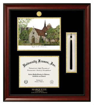 Marquette University College of Nursing Double Opening with Campus Image & Tassel Box (Stacked) Frame in Avalon Mahogany with Black & Gold Mats for document: 8 1/2"h x 11"w  