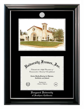 Vanguard University of Southern California Double Opening with Campus Image (Stacked) Frame in Classic Ebony with Silver Trim with Black & Silver Mats for document: 8 1/2"h x 11"w  
