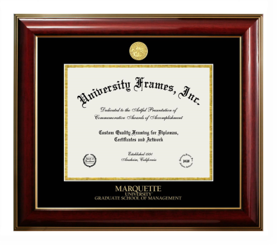 Marquette University Graduate School of Management Diploma Frame in Classic Mahogany with Gold Trim with Black & Gold Mats for document: 8 1/2"h x 11"w  