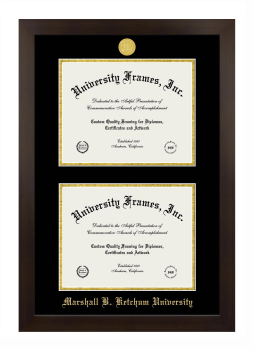 Marshall B. Ketchum University Double Degree (Stacked) Frame in Manhattan Espresso with Black & Gold Mats for document: 8 1/2"h x 11"w  , document: 8 1/2"h x 11"w  