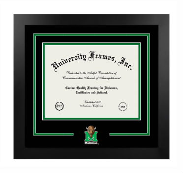 Marshall University Joan C. Edwards School of Medicine Logo Mat Frame in Manhattan Black with Black & Kelly Green Mats for document: 8 1/2"h x 11"w  