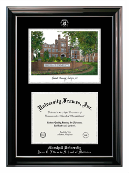 Marshall University Joan C. Edwards School of Medicine Double Opening with Campus Image (Stacked) Frame in Classic Ebony with Silver Trim with Black & Silver Mats for document: 8 1/2"h x 11"w  