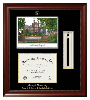 Marshall University Joan C. Edwards School of Medicine Double Opening with Campus Image & Tassel Box (Stacked) Frame in Avalon Mahogany with Black & Gold Mats for document: 8 1/2"h x 11"w  