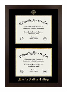 Martin Luther College Double Degree (Stacked) Frame in Manhattan Espresso with Black & Gold Mats for document: 8 1/2"h x 11"w  , document: 8 1/2"h x 11"w  