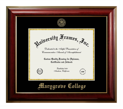 Marygrove College Diploma Frame in Classic Mahogany with Gold Trim with Black & Gold Mats for DOCUMENT: 8 1/2"H X 11"W  