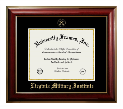 Virginia Military Institute Diploma Frame in Classic Mahogany with Gold Trim with Black & Gold Mats for DOCUMENT: 8 1/2"H X 11"W  