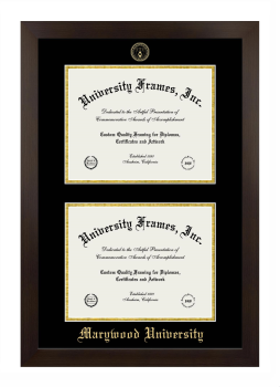 Marywood University Double Degree (Stacked) Frame in Manhattan Espresso with Black & Gold Mats for document: 8 1/2"h x 11"w  , document: 8 1/2"h x 11"w  