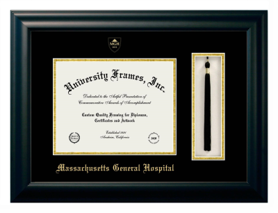 Massachusetts General Hospital Diploma with Tassel Box Frame in Satin Black with Black & Gold Mats for document: 8 1/2"h x 11"w  