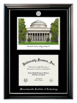 Massachusetts Institute of Technology Double Opening with Campus Image (Stacked) Frame in Classic Ebony with Silver Trim with Black & Silver Mats for document: 8 1/2"h x 11"w  