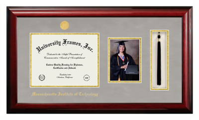 Massachusetts Institute of Technology Diploma with 5 x 7 Portrait & Tassel Box Frame in Classic Mahogany with Gray Suede & Gold Mats for document: 8 1/2"h x 11"w  