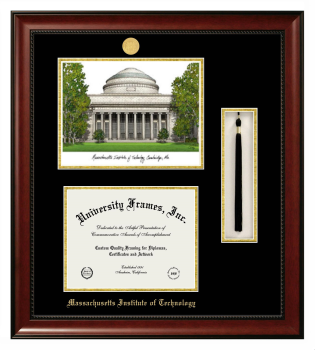 Massachusetts Institute of Technology Double Opening with Campus Image & Tassel Box (Stacked) Frame in Avalon Mahogany with Black & Gold Mats for document: 8 1/2"h x 11"w  