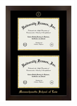 Massachusetts School of Law Double Degree (Stacked) Frame in Manhattan Espresso with Black & Gold Mats for DOCUMENT: 8 1/2"H X 11"W  , DOCUMENT: 8 1/2"H X 11"W  