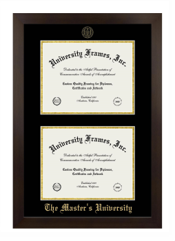 Master's University Double Degree (Stacked) Frame in Manhattan Espresso with Black & Gold Mats for document: 8 1/2"h x 11"w  , document: 8 1/2"h x 11"w  