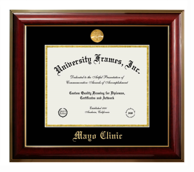 Mayo Clinic Diploma Frame in Classic Mahogany with Gold Trim with Black & Gold Mats for document: 8 1/2"h x 11"w  