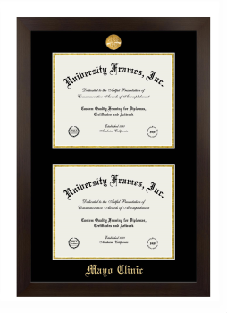 Mayo Clinic Double Degree (Stacked) Frame in Manhattan Espresso with Black & Gold Mats for document: 8 1/2"h x 11"w  , document: 8 1/2"h x 11"w  