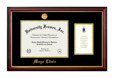 Mayo Clinic Diploma with Announcement Frame in Petite Mahogany with Gold Trim with Black & Gold Mats for document: 8 1/2"h x 11"w  , diploma: 7"h x 4"w  