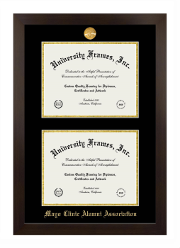 Mayo Clinic Alumni Association Double Degree (Stacked) Frame in Manhattan Espresso with Black & Gold Mats for document: 8 1/2"h x 11"w  , document: 8 1/2"h x 11"w  