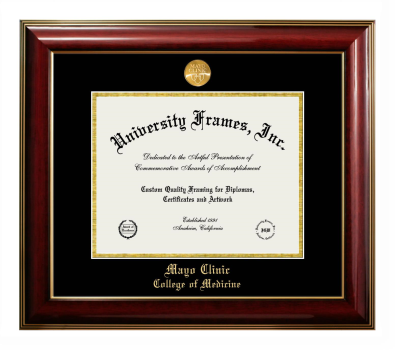 Mayo Clinic College of Medicine (former name) Diploma Frame in Classic Mahogany with Gold Trim with Black & Gold Mats for DOCUMENT: 8 1/2"H X 11"W  