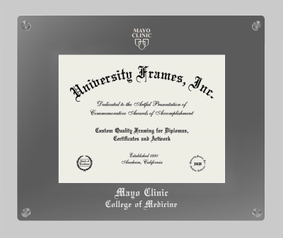 Mayo Clinic College of Medicine (former name) Lucent Clear-over-Smoke Frame in Lucent Smoke Moulding with Lucent Smoke Mat for document: 8 1/2"h x 11"w  