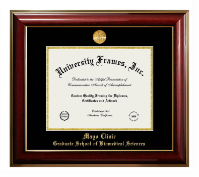 Mayo Clinic Graduate School of Biomedical Sciences Diploma Frame in Classic Mahogany with Gold Trim with Black & Gold Mats for document: 8 1/2"h x 11"w  