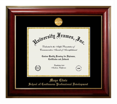 Mayo Clinic School of Continuous Professional Development Diploma Frame in Classic Mahogany with Gold Trim with Black & Gold Mats for DOCUMENT: 8 1/2"H X 11"W  