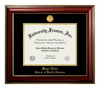 Mayo Clinic School of Health Sciences Diploma Frame in Classic Mahogany with Gold Trim with Black & Gold Mats for document: 8 1/2"h x 11"w  
