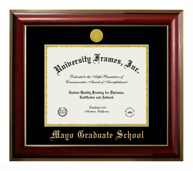 Mayo Graduate School (former name) Diploma Frame in Classic Mahogany with Gold Trim with Black & Gold Mats for DOCUMENT: 8 1/2"H X 11"W  