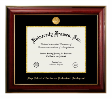 Mayo School of Continuous Professional Development (former name) Diploma Frame in Classic Mahogany with Gold Trim with Black & Gold Mats for DOCUMENT: 8 1/2"H X 11"W  