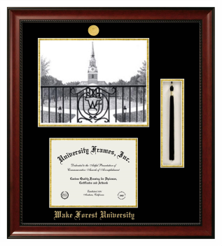 Wake Forest University Double Opening with Campus Image & Tassel Box (Stacked) Frame in Avalon Mahogany with Black & Gold Mats for DOCUMENT: 8 1/2"H X 11"W  
