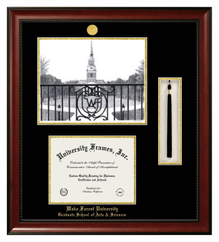 Wake Forest University Graduate School of Arts & Sciences Double Opening with Campus Image & Tassel Box (Stacked) Frame in Avalon Mahogany with Black & Gold Mats for document: 8 1/2"h x 11"w  