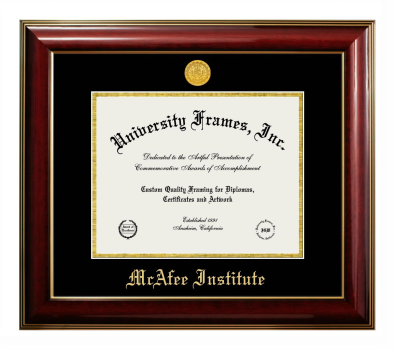 McAfee Institute Diploma Frame in Classic Mahogany with Gold Trim with Black & Gold Mats for DOCUMENT: 8 1/2"H X 11"W  