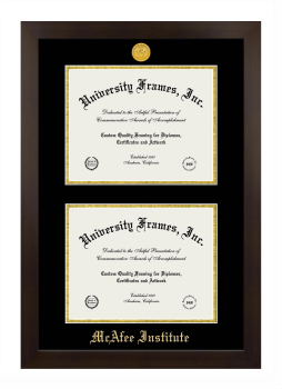 McAfee Institute Double Degree (Stacked) Frame in Manhattan Espresso with Black & Gold Mats for document: 8 1/2"h x 11"w  , document: 8 1/2"h x 11"w  