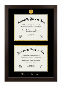 Walden University Double Degree (Stacked) Frame in Manhattan Espresso with Black & Gold Mats for DOCUMENT: 8 1/2"H X 11"W  , DOCUMENT: 8 1/2"H X 11"W  