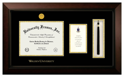 Walden University Diploma with Announcement & Tassel Box Frame in Legacy Black Cherry with Black & Gold Mats for DOCUMENT: 8 1/2"H X 11"W  ,  7"H X 4"W  