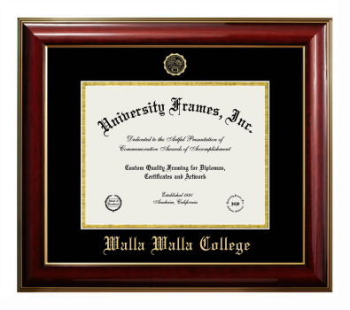 Walla Walla College Diploma Frame in Classic Mahogany with Gold Trim with Black & Gold Mats for document: 8 1/2"h x 11"w  