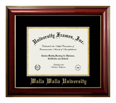 Walla Walla University Diploma Frame in Classic Mahogany with Gold Trim with Black & Gold Mats for DOCUMENT: 8 1/2"H X 11"W  