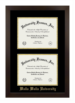 Walla Walla University Double Degree (Stacked) Frame in Manhattan Espresso with Black & Gold Mats for document: 8 1/2"h x 11"w  , document: 8 1/2"h x 11"w  