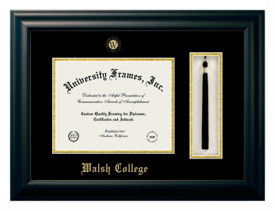 Walsh College Diploma with Tassel Box Frame in Satin Black with Black & Gold Mats for document: 8 1/2"h x 11"w  