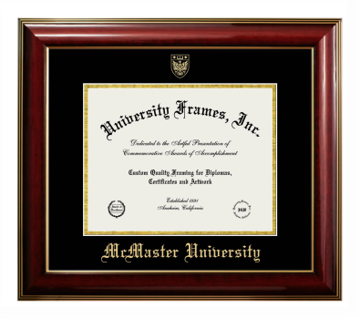 McMaster University Diploma Frame in Classic Mahogany with Gold Trim with Black & Gold Mats for DOCUMENT: 8 1/2"H X 11"W  