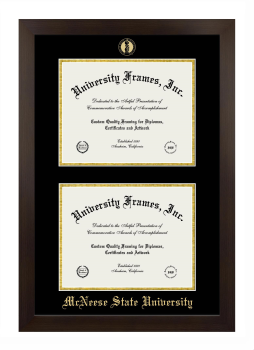 McNeese State University Double Degree (Stacked) Frame in Manhattan Espresso with Black & Gold Mats for document: 8 1/2"h x 11"w  , document: 8 1/2"h x 11"w  