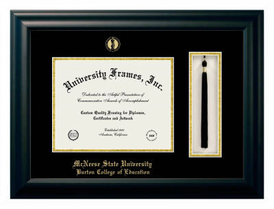 McNeese State University Burton College of Education Diploma with Tassel Box Frame in Satin Black with Black & Gold Mats for DOCUMENT: 8 1/2"H X 11"W  