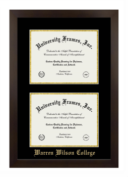 Warren Wilson College Double Degree (Stacked) Frame in Manhattan Espresso with Black & Gold Mats for document: 8 1/2"h x 11"w  , document: 8 1/2"h x 11"w  