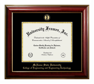 McNeese State University College of Engineering and Engineering Technology Diploma Frame in Classic Mahogany with Gold Trim with Black & Gold Mats for DOCUMENT: 8 1/2"H X 11"W  
