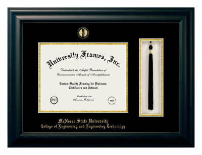 McNeese State University College of Engineering and Engineering Technology Diploma with Tassel Box Frame in Satin Black with Black & Gold Mats for DOCUMENT: 8 1/2"H X 11"W  