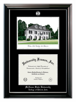 McNeese State University College of Liberal Arts Double Opening with Campus Image (Stacked) Frame in Classic Ebony with Silver Trim with Black & Silver Mats for document: 8 1/2"h x 11"w  