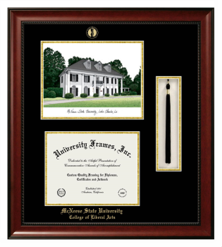 McNeese State University College of Liberal Arts Double Opening with Campus Image & Tassel Box (Stacked) Frame in Avalon Mahogany with Black & Gold Mats for document: 8 1/2"h x 11"w  